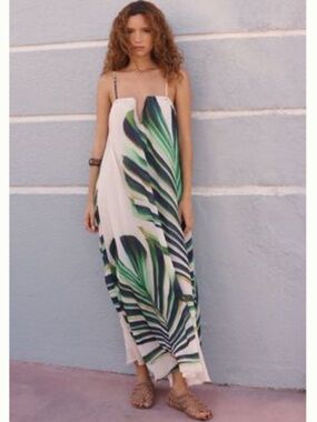 Spaghetti-Strap Maxi Dress with Green Tropical Leaf Print - Women